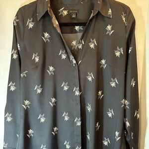 Ann Taylor Charcoal Blouse with White Floral Design